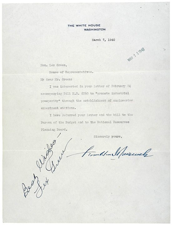 FRANKLIN D. ROOSEVELT 1940 Signed Letter