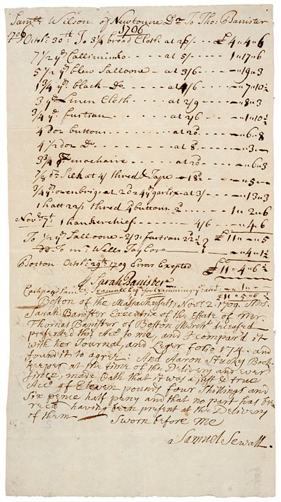SAMUEL SEWALL Signed Document, 1709