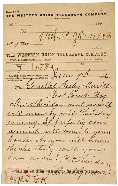 PHILLIP SHERIDAN, 1866 Telegraph Note Signed