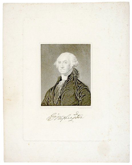 c. 1825, Engraving of Washington by T. Kelly: Washington Relatedc. 1825, Engraving of Washington by T. Kelly, after a painting by Gilbert Stuart, Choice Very Fine. 4.75" x 3.75" image, printed on 12" x 9.25" sheet, with large, facsimile signatur