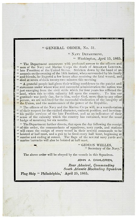 1865 U.S. Navy Order Memorializing Lincoln