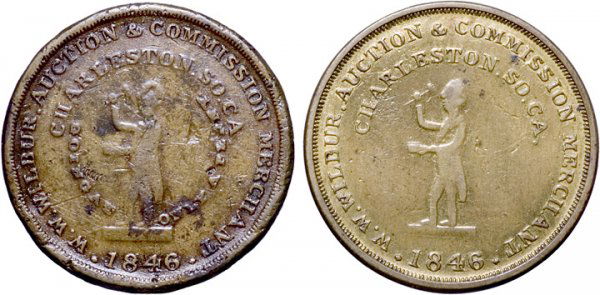 Charleston Slave Auction House WW Wilbur Tokens: Black HistoryTwo Charleston Slave Auction House W.W. Wilbur Tokens 1846, Lot of 2, Slave Auctioneer's Tokens, Fine & About Uncirculated. Miller SC-9. Tokens from the Slave trade of the mid-1800s: