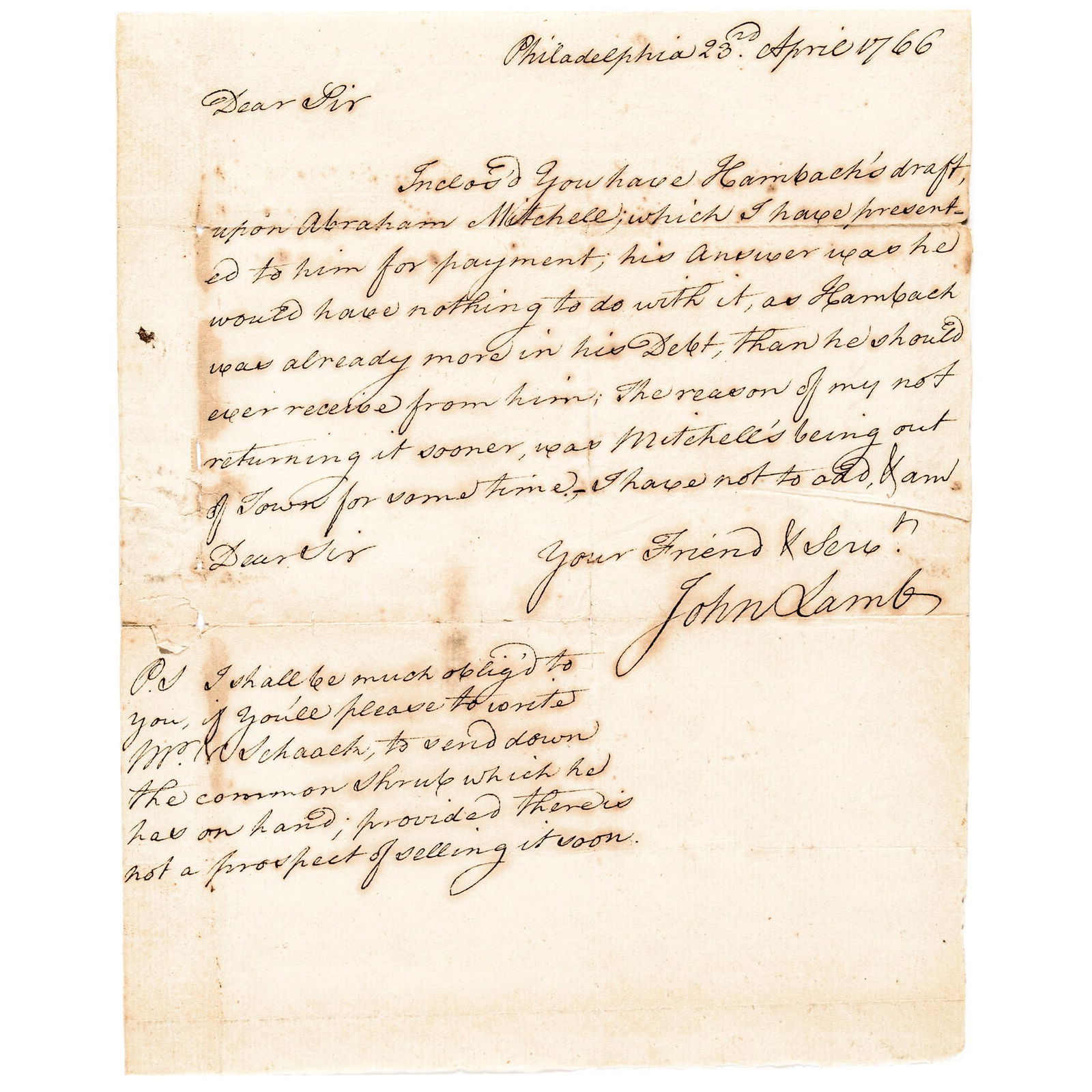 1766 JOHN LAMB ALS, Leader of the Sons of Liberty (1 of 5)