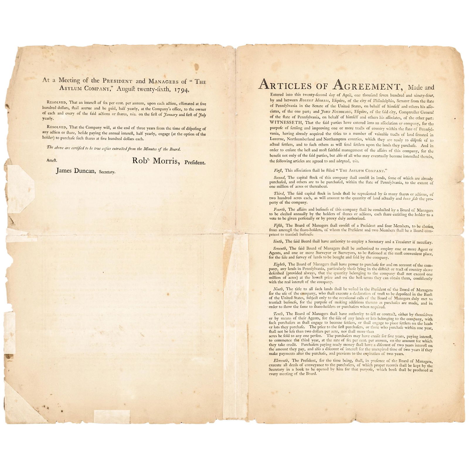 1794 ROBERT MORRIS Signed Asylum Company Stock: Autographs Robert Morris Signed Asylum Company Stock Certificate a.k.a. "The First R.E.I.T." Declaration Signer known as "The Financier of the American Revolution" Rarity ROBERT MORRIS (1734-1806). Si