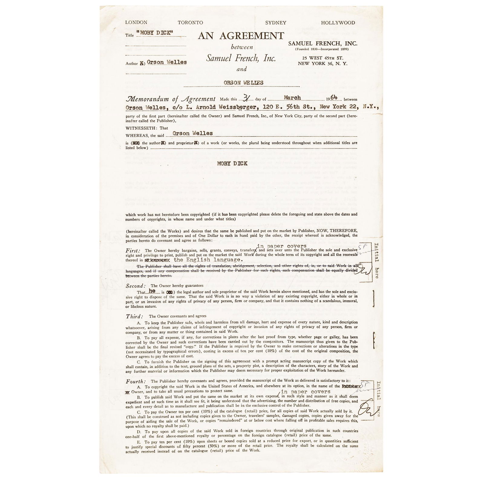 ORSON WELLES Signed Contract Screen Play MOBY DICK: Autographs Rare Original "Orson Welles" Signed Publishing Contract ORSON WELLES, (1915-1985). American actor, director, writer, and producer who is remembered for his innovative work in radio, theatre