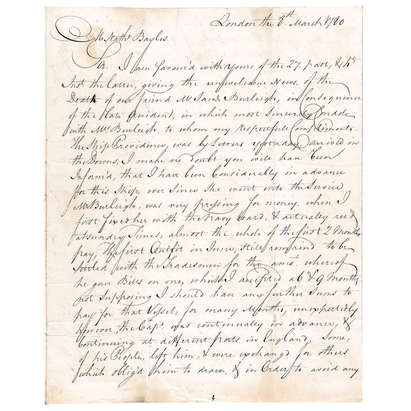 1780 British Rev. War Troop Transport/Slave Ship: American Revolution Revolutionary War British Troop Transport & Slave Ship March 8, 1780-Dated Revolutionary War Period, British Royal Navy Autograph Letter Signed, "John Dixon," Regarding Outfitting