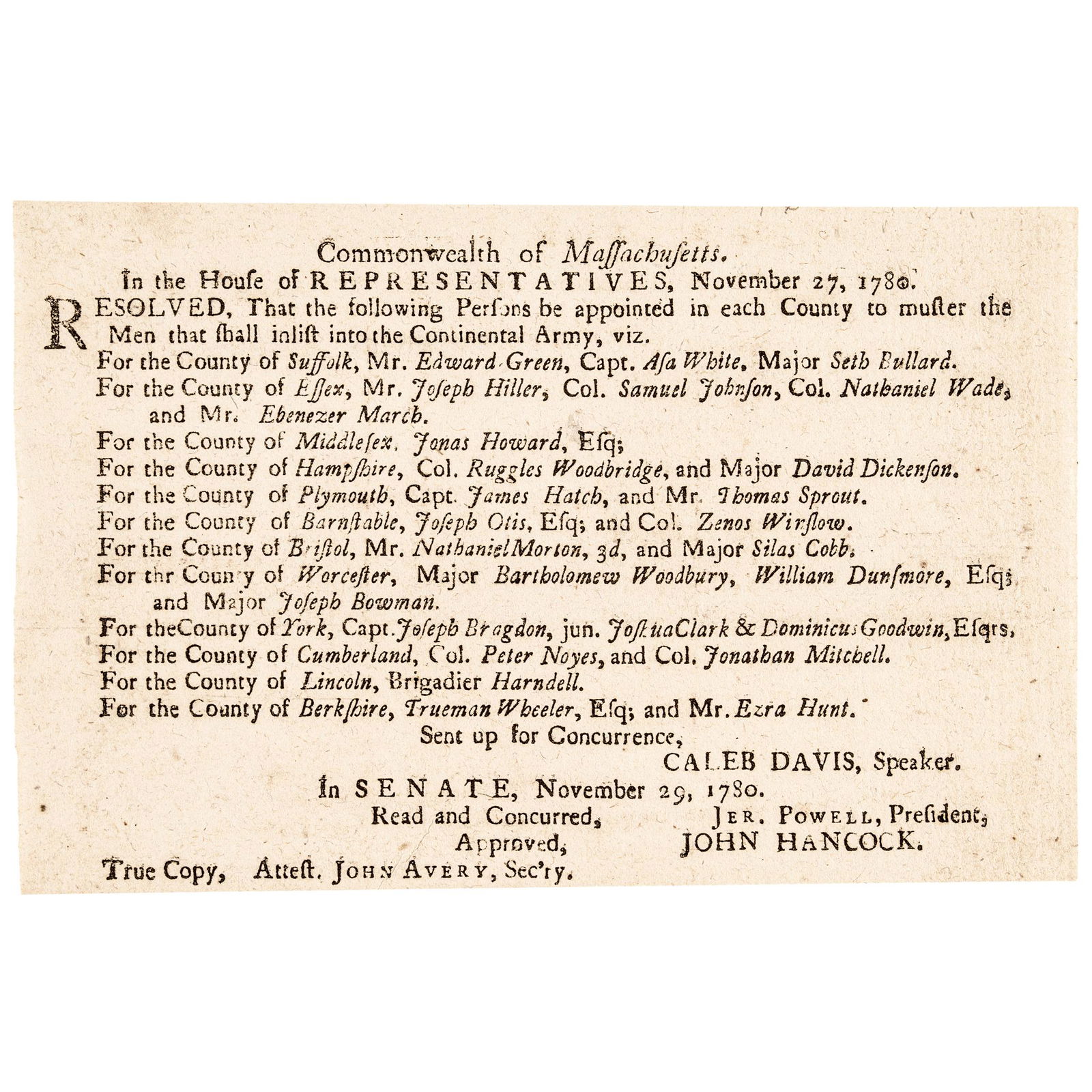 1780 Continental Army Muster Masters List MA. Act (1 of 3)
