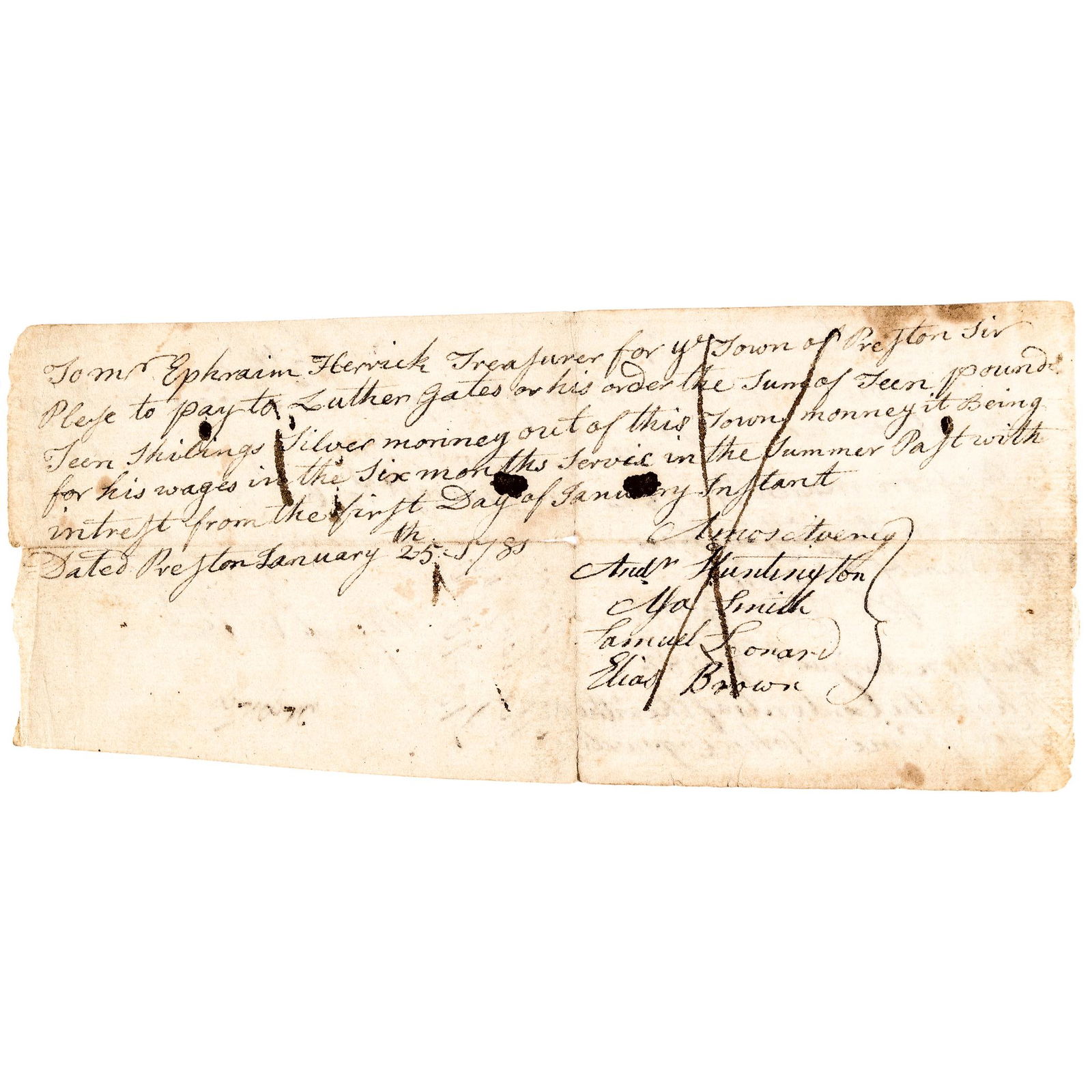 CT. Drummer Boy Wintered at VALLEY FORGE CAMP: American Revolution Connecticut 16 Year-Old Revolutionary War Drummer Boy Who Wintered at George Washington's Valley Forge Camp Pay-Order Made For HIs Six Months Service January 25, 1781-Dated Revolut