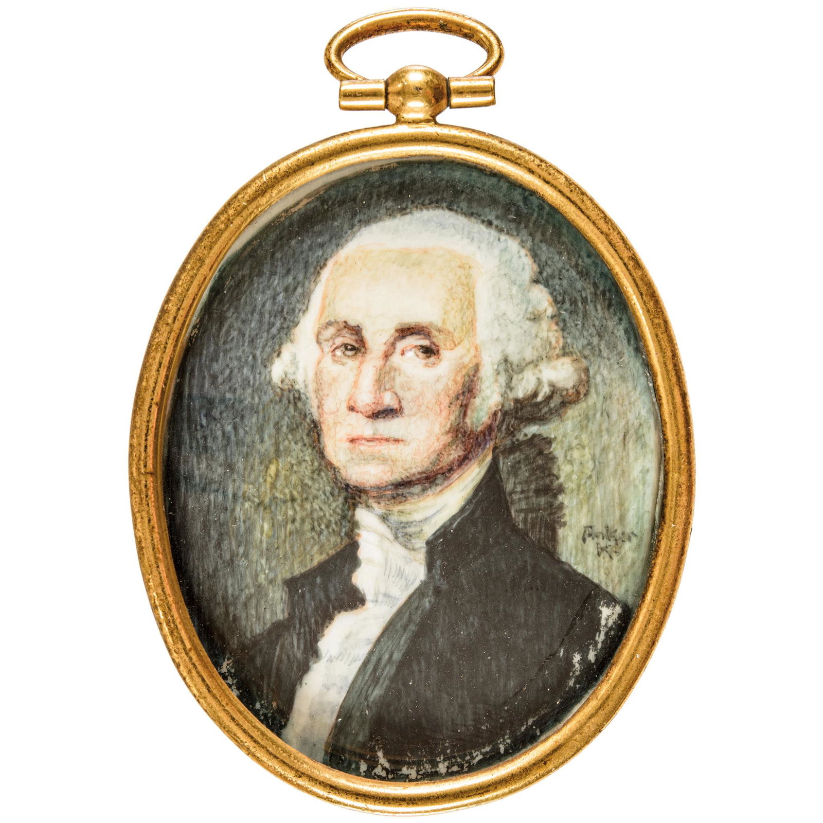 Hand-Painted Miniature Image of George Washington: Washington Related George Washington Hand-Painted Miniature Oval Portrait After Gilbert Stuart by "Parker" under slightly Convex Glass c. 19th Century, Hand-Painted Miniature George Washington Oval Po
