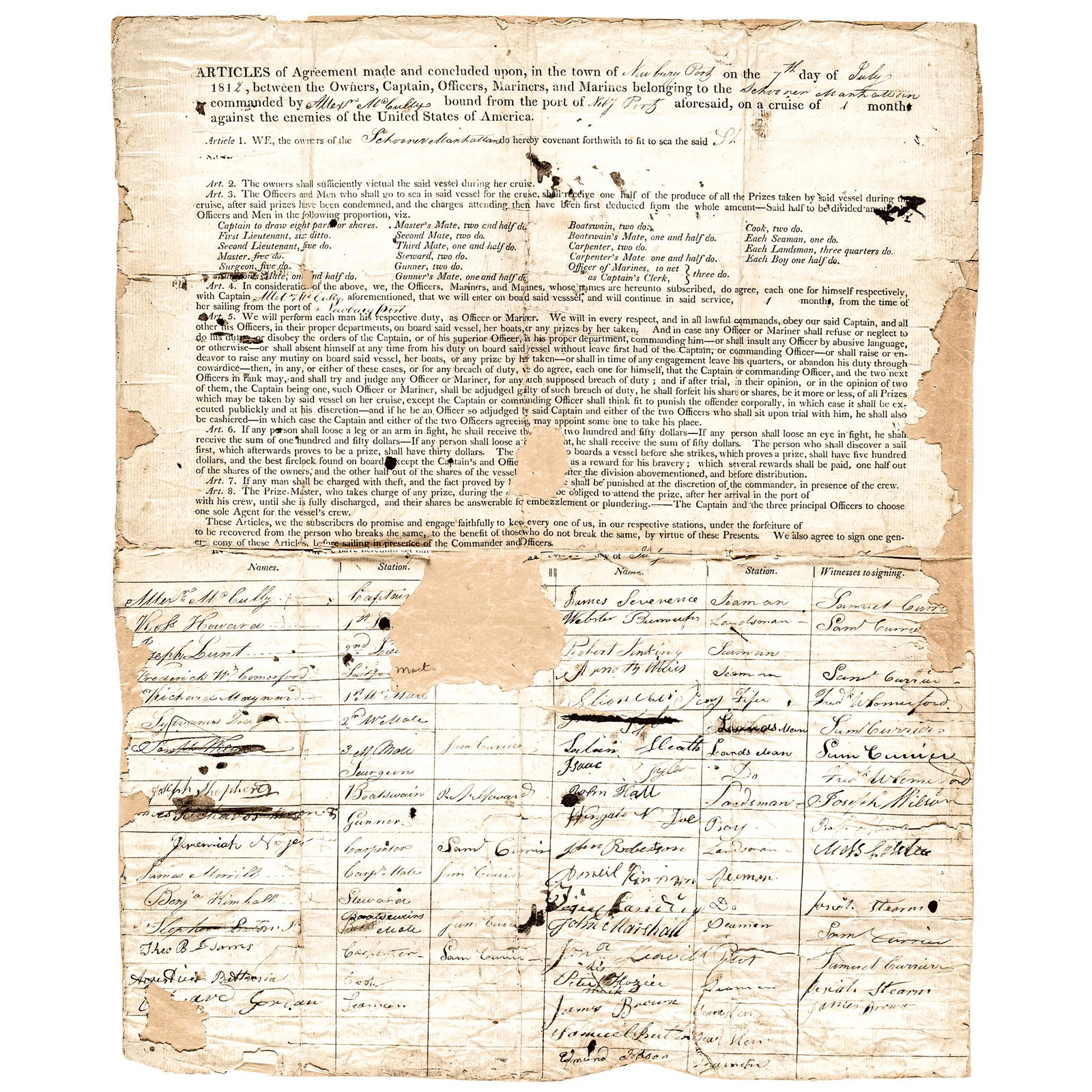 War of 1812 Newburyport's 1st Privateer Agreement: War of 1812 Massachusetts Town's 1st Privateer Schooner Agreement Made at Newburyport's "Schooner Manhattan" by Captain Allexander McCully and Its Thirty-One Crew Members for Newburyport's First Priva