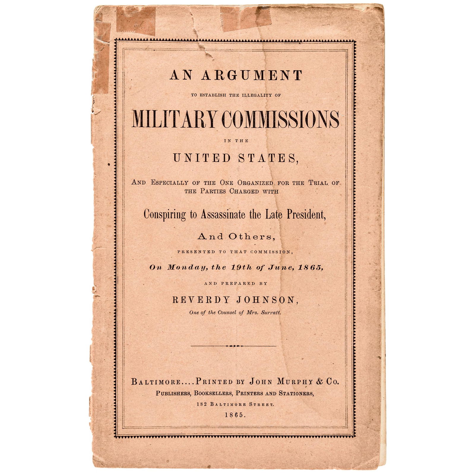 1865 Historic REVERDY JOHNSON Imprint + Signature (1 of 3)