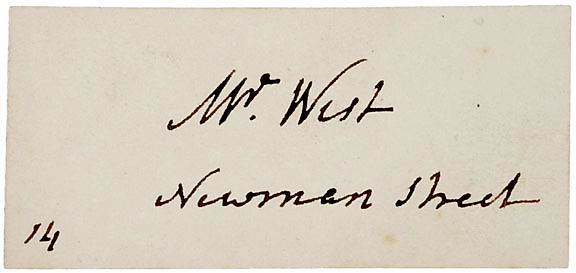 Benjamin West Visiting Card Signed: AutographsArtist Benjamin West’s Visiting Card BENJAMIN WEST, British Portrait Painter, Founder and President of the Royal Academy. Visiting Card Signed: “Mr. West / Newman Street,”
