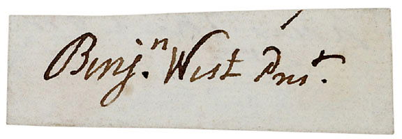 British Painter Benjamin West Signature: AutographsBENJAMIN WEST, British Portrait Painter, Founder and President of the Royal Academy. Clipped Signature “Benjn. West Prest.” as president of England’s Royal Academy, no date