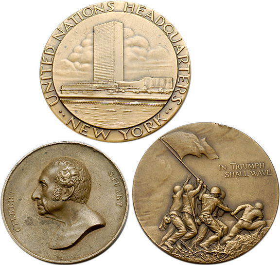 Lot of Three Bronze Medals: MedalsThree Medium Sized Historic Medals Lot of Three Bronze Medals, Extremely Fine to About New. Lot includes: 1848 Cast “GILBERT STUART” medal with slightly rough surfaces, 2.5”; c