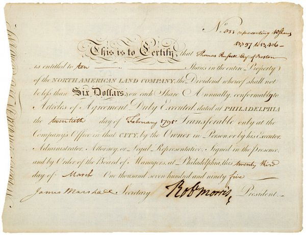 ROBERT MORRIS, Signed Stock Certificate: AutographsGorgeous Quality "Robt Morris" Signed Stock Certificate ROBERT MORRIS, Signer of the Declaration of Independence; Revolutionary War Financier. March 23, 1795, Partly Printed Document