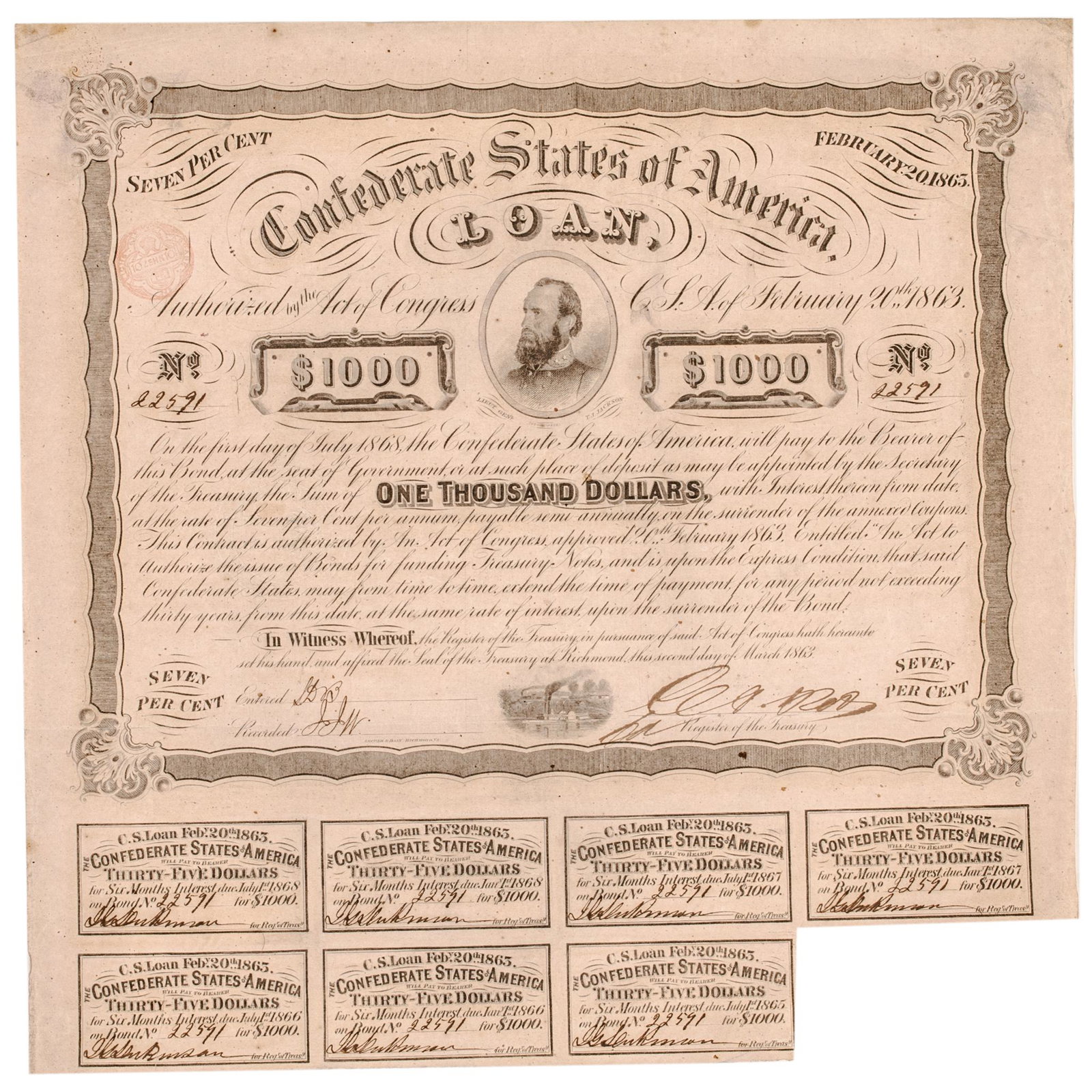 Nine Historic Civil War Confederate Bonds Group: Civil War Confederate Documents Group Lot of Nine Historic Civil War Confederate Bonds c. 1860s Civil War Period, Confederate States of American Loan and Bond Certificates, Collection Group Lot of Nin