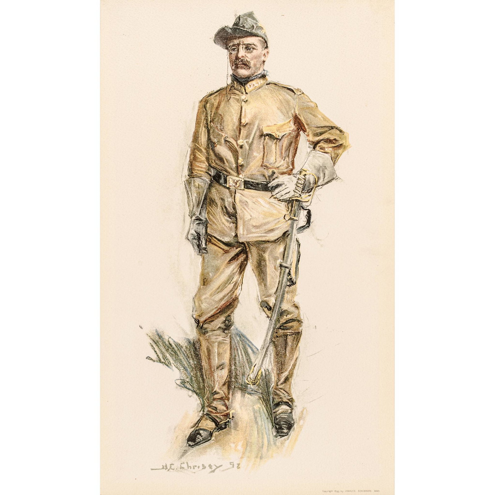 Teddy Roosevelt Rough Rider, by Howard C. Christy: Post Civil War Theodore Roosevelt Rough Rider, Howard Chandler Christy 1899 Scarce Patriotic Color Print of Theodore Roosevelt as a Rough Rider, signed within the print by Howard Chandler Christy date