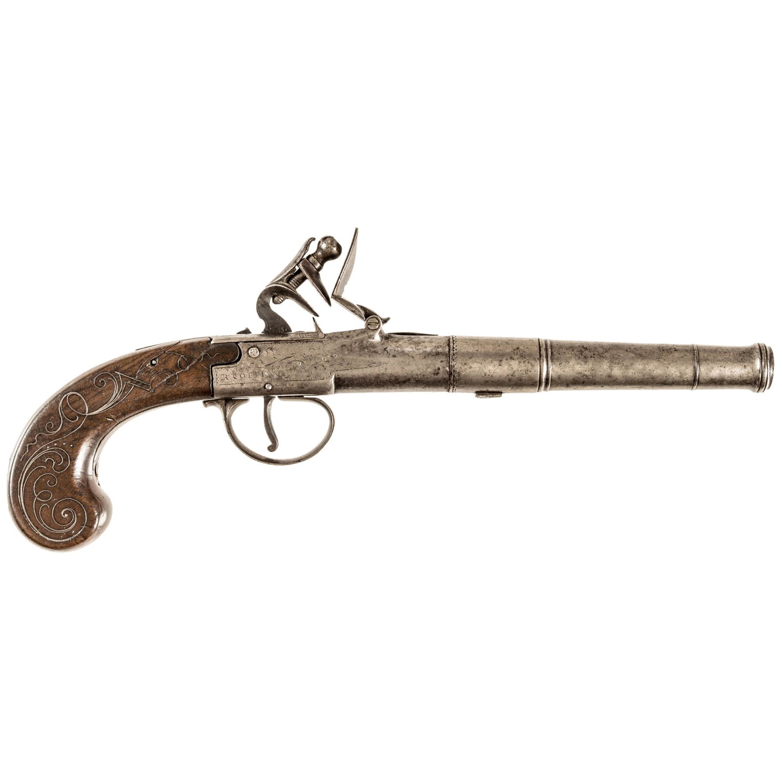 c. 1750 French + Indian War Box-Lock Flint Pistol: Guns French & Indian War Large English Box-Lock Flint Pistol c. 1750 French and Indian War Colonial Period, British Box-Lock Flint Pistol, made by "R. Coffin," Choice Fine. English made Box-Lock Flint