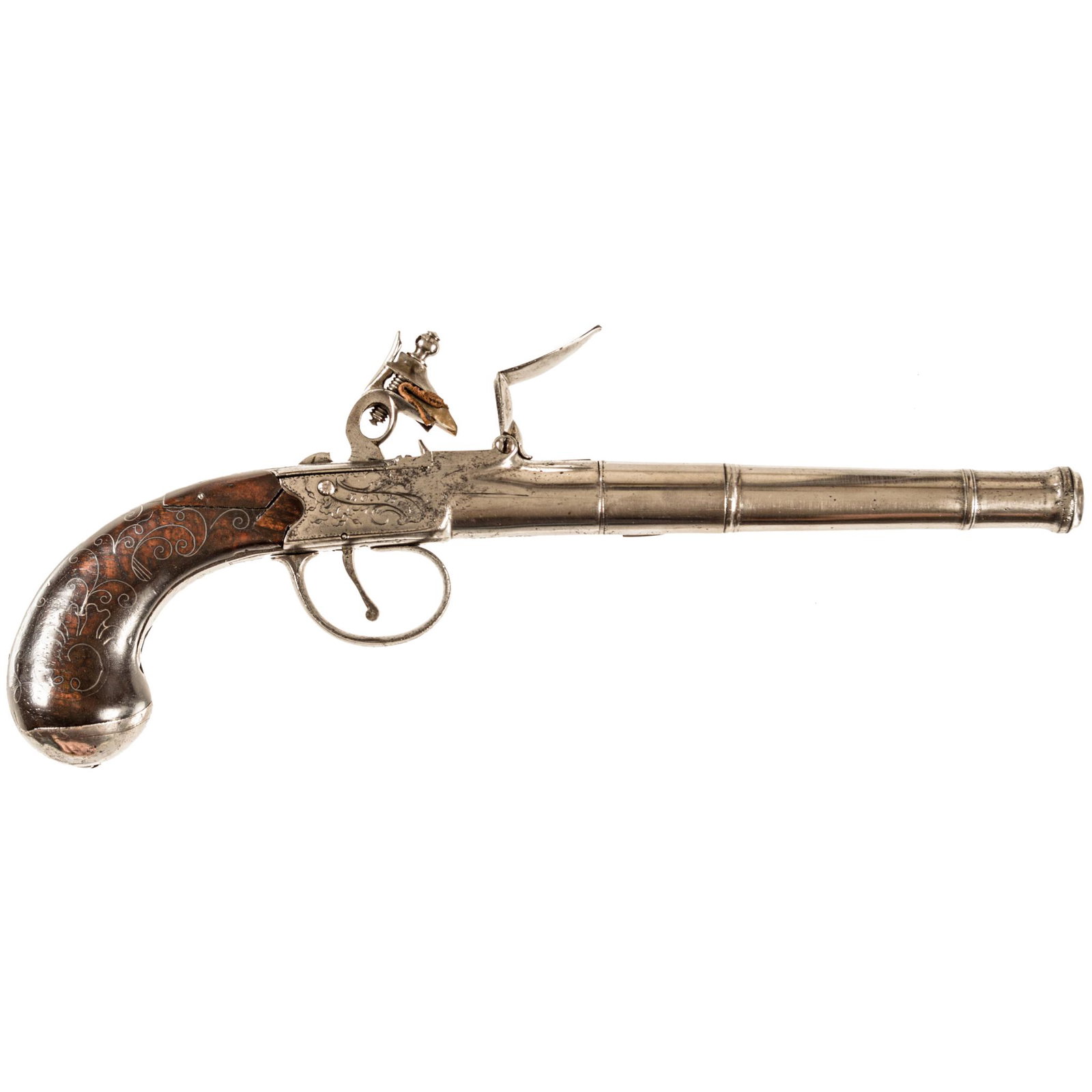 1760-80 Revolutionary War Box-Lock Flint Pistol: Guns Revolutionary War Era Silver Inlay Box-Lock Flint Pistol c. 1760-1780 Revolutionary War Era, English Box-Lock Flint Pistol with Silver Inlay, by "Bond London", Very Fine. This English Box-Lock Fl