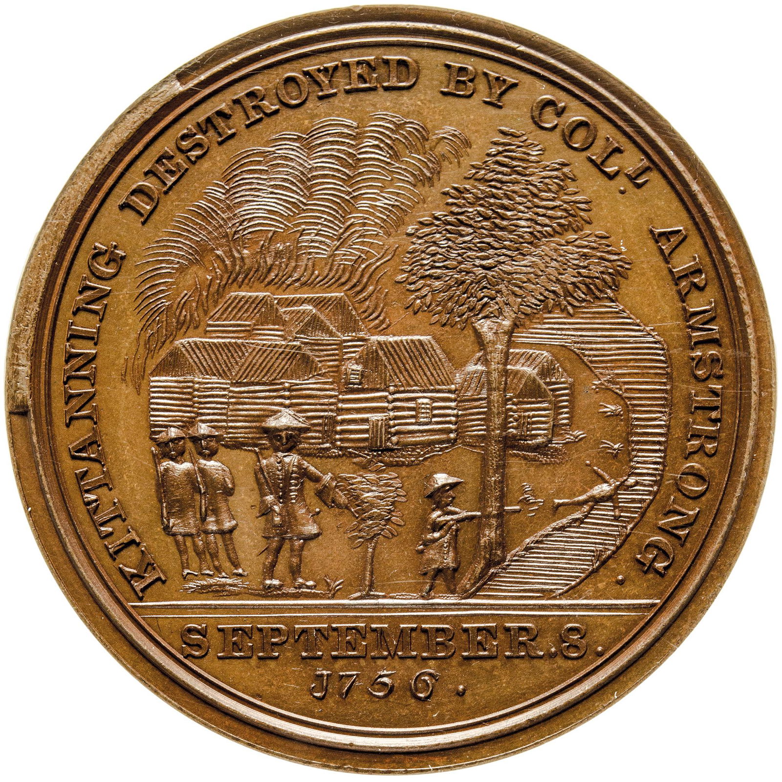 Finest Kittanning Destroyed Mint Medal NGC MS-67: Medals Finest Certified "Kittanning Destroyed" Medal NGC MS-67 c. Post-1874 (after the 1756 original dated dies), Colonel John Armstrong / Kittanning Destroyed Medal, United States Mint Copy Dies, Bro