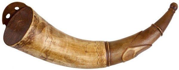 1791 Dated Decorated Scrimshawn PowderHorn: American Revolution1791 Dated Decorated Scrimshawn PowderHorn "I. Hart" Dated "1791", Ornate Decorated Scrimshaw PowderHorn of "I. Hart" (likely PA.), Choice Very Fine. This or