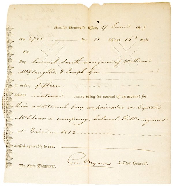 Order for Back Pay 1817, 2 Soldiers War of 1812