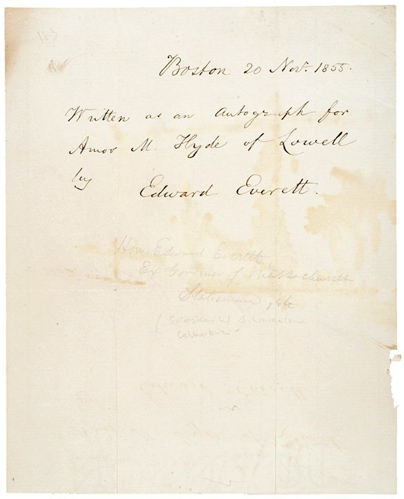 EDWARD EVERETT 1855 Autograph Note Signed