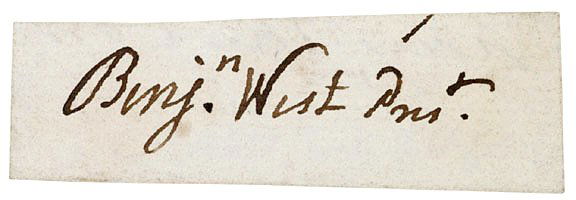 British Painter BENJAMIN WEST Signature: AutographsBENJAMIN WEST, British Portrait Painter, Founder and President of the Royal Academy. Clipped Signature "Benjn. West Prest." as president of England's Royal Academy, no date (betw