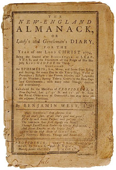 The New-England ALMANACK, 1774, Benjamin West: Colonial AmericaPre-Revolutionary War 1774 The New-England Almanack 1774 The New-England Almanack, or Lady's and Gentleman's Diary, About Fine. 7" x 4.5", 16 pages. The Alamanack was