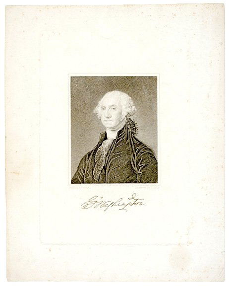 c. 1825, Engraving of Washington by T. Kelly: Washington Relatedc. 1825, Engraving of Washington by T. Kelly, after a painting by Gilbert Stuart, Choice Very Fine. 4.75" x 3.75" image, printed on 12" x 9.25" sheet, with large, facsimile signatur