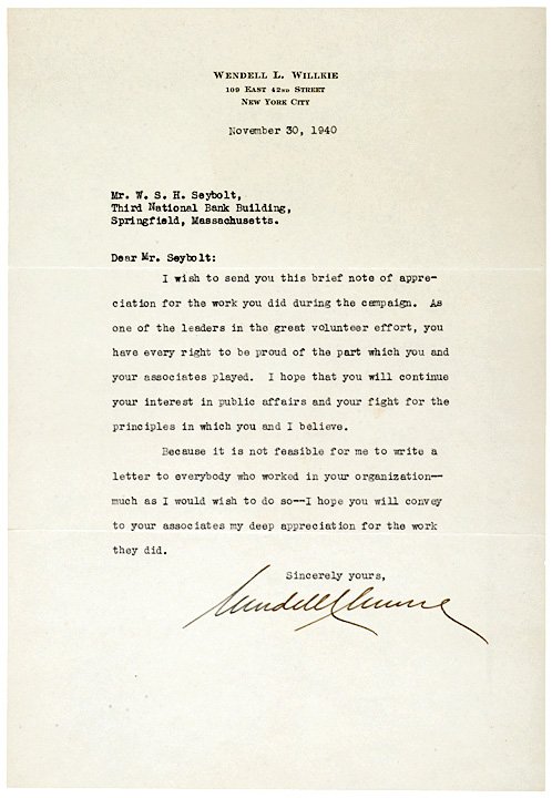 1940 Signed Letter Wendell Wilkie + Political Bro