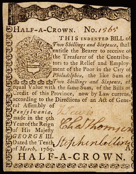1769 Charles Thomson Signed Colonial Currency: Famous Signers on Colonial CurrencyCharles Thomson Signed March 10, 1769 2s6d "the Relief and Employment of the Poor in the City of Philadelphia" CHARLES THOMSON, Secretary of the Continental