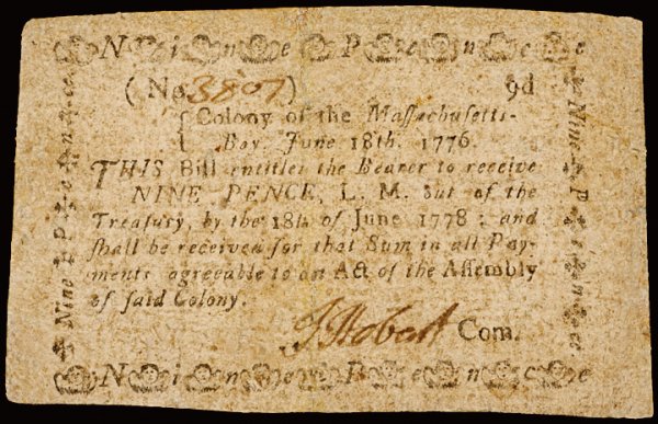 Colonial Currency, MA, June 18, 1776, 9 pence