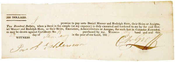 Early Lottery Tickets, 1814 PA Land Lottery: Colonial LotteryExtremely Rare 1814-Dated "Land" Lottery Ticket January 27, 1814 (War of 1812 Era), Columbia (PA.), $200, Land Lottery Ticket for Winning a Property Lot, Choice Very Fine. Part