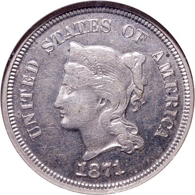 1871 Pattern Five Cent. Judd-1053. PCGS Proof-62