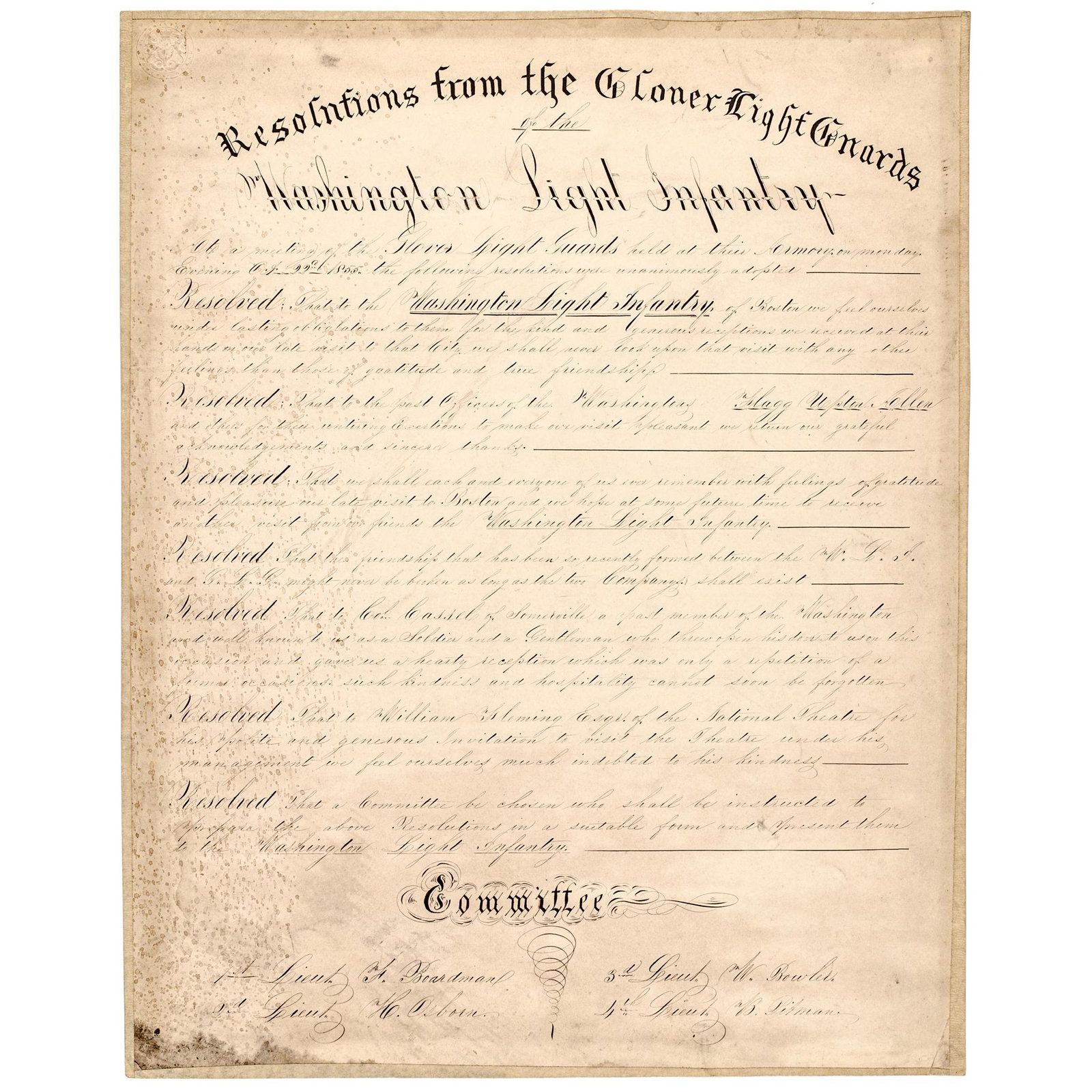 1855 Washington Light Infantry of Boston, Cert.: Post-Revolutionary War to Civil War 1855 Ornate Hand-Inscribed "Washington Light Infantry of Boston" Militia Certificate of Appreciation October 22, 1855-Dated, Ornate Hand-Inscribed Manuscript Broads