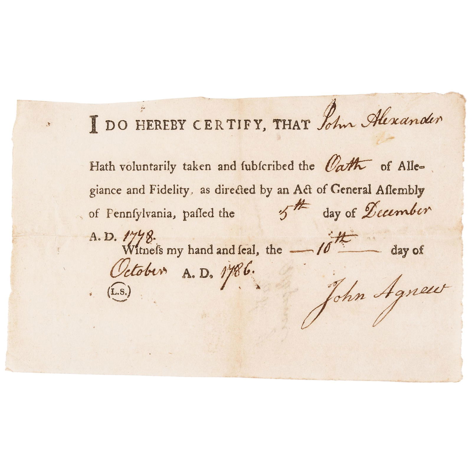 Revolutionary War Oath of Allegiance Document: American Revolution "Oath of Allegiance" By Penn. Soldier "John Alexander" October 10, 1786-Dated Post Revolutionary War, Partially-Printed Document Signed, "John Agnew" as Judge, Oath of Allegiance a