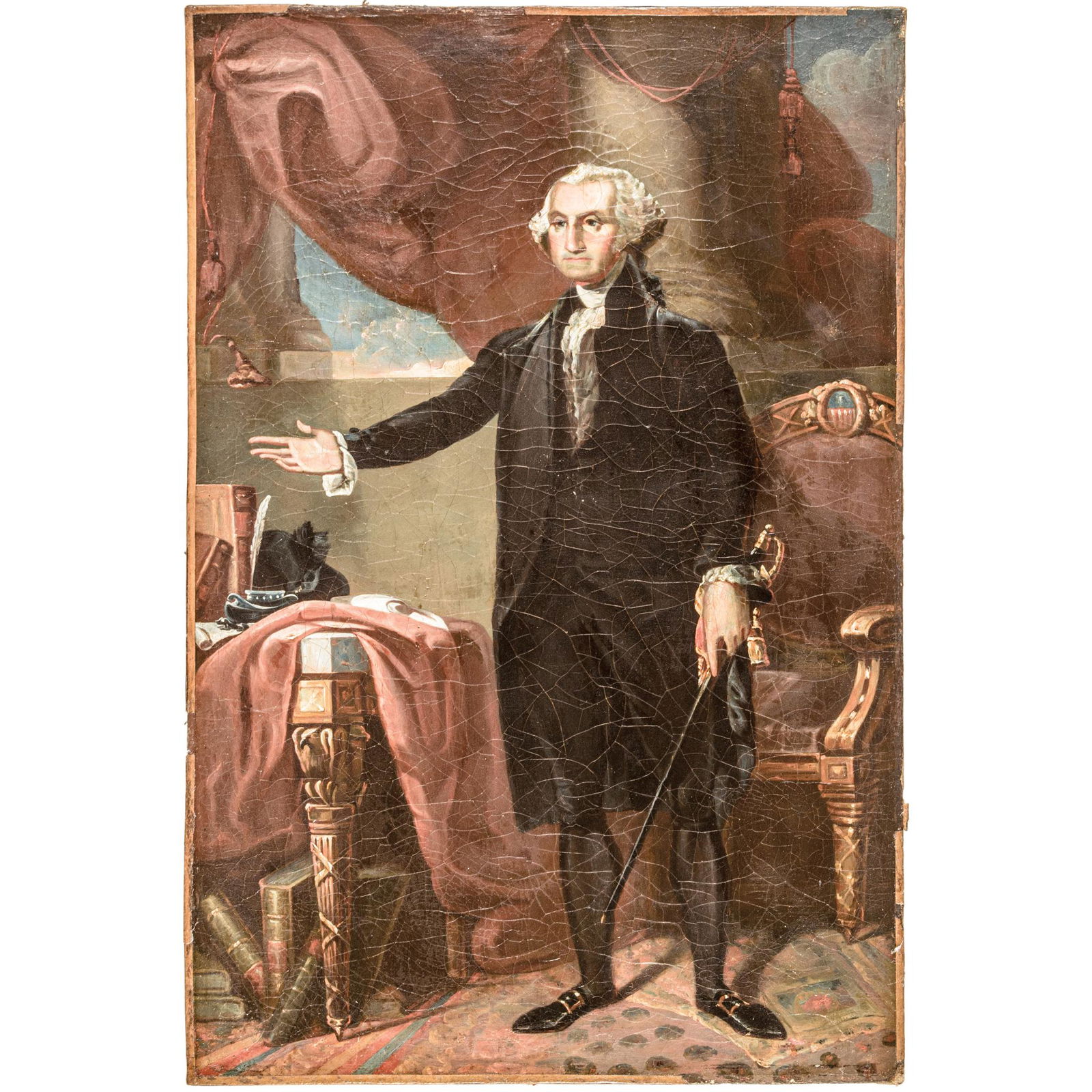 GEORGE WASHINGTON Oil on Canvas Painting a/Stuart: Washington Related George Washington Oil Painting on Canvas after G. Stuart c. 1840 mid-19th Century Oil on Canvas Painting of General George Washington after Gilbert Stuart's Painting "Lansdowne Port