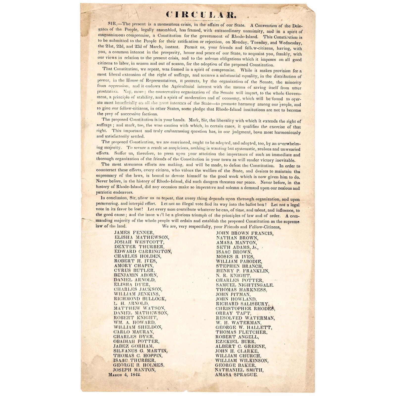 March 1842 Rare DORR Rebellion RI. Broadside (1 of 4)