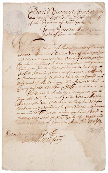 VISCOUNT CORNBURY Signed, 1703 Marriage License
