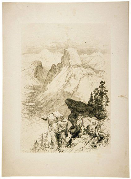 1887, Fabulous Etching of Yosemites Half Dome: Western AmericaFabulous Early Etching of Yosemite's "Half Dome" 1887, "The Half Dome--View from Moran Point," by Thomas Moran, San Francisco, CA, Choice Extremely Fine. 11.75"