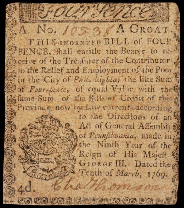 Colonial Currency, PA, March 10, 1769, THOMSON: Famous Signers on Colonial CurrencyRare March 10, 1769 "Relief and Employment of the Poor" City of Philadelphia Note Signed by Charles Thomson CHARLES THOMSON. Fr. PA-135. Pennsylvania. March