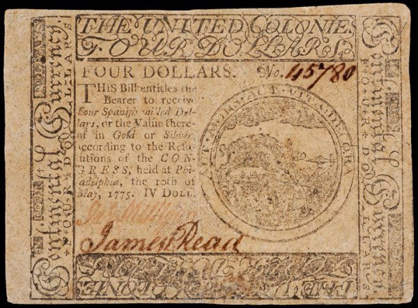 Continental Currency, May 10, 1775, $4, Ch. VF: Continental CurrencyContinental Congress. May 10, 1775. Four Dollars. Choice Very Fine. This is a well printed and very clean note that has four full margins on both its face and back. Signatures of J