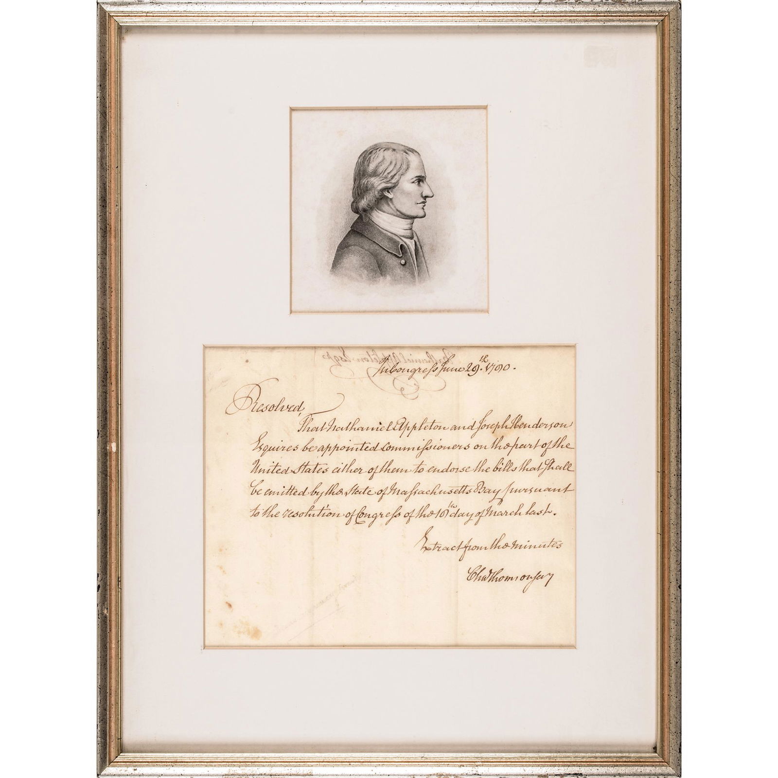 CHARLES THOMSON Treasury Autograph Letter Signed: Federal Period 1790 Continental Congress Charles Thomson Signed Resolution Appointing Nathaniel Appleton and Joseph Henderson as Official Massachusetts United States Loan Office Commissioners CHARLES