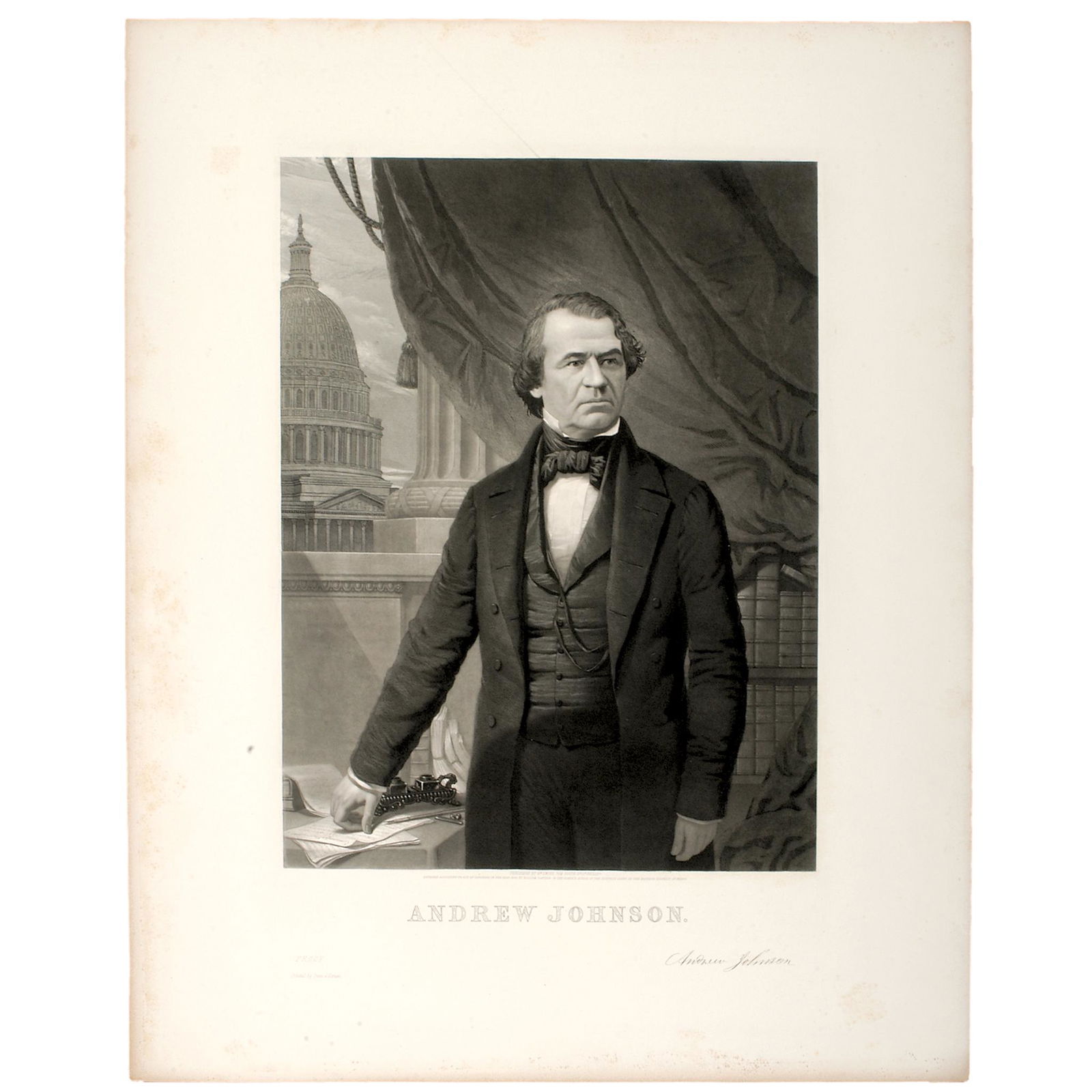 Proof Print of Impeached President Andrew Johnson: Abraham Lincoln Related Impeached President Andrew Johnson "Publisher's Proof" by John Sartain 1865 a.k.a. 'Father of Mezzotint Engraving' 1865-Dated Post Abraham Lincoln Assassination, new President