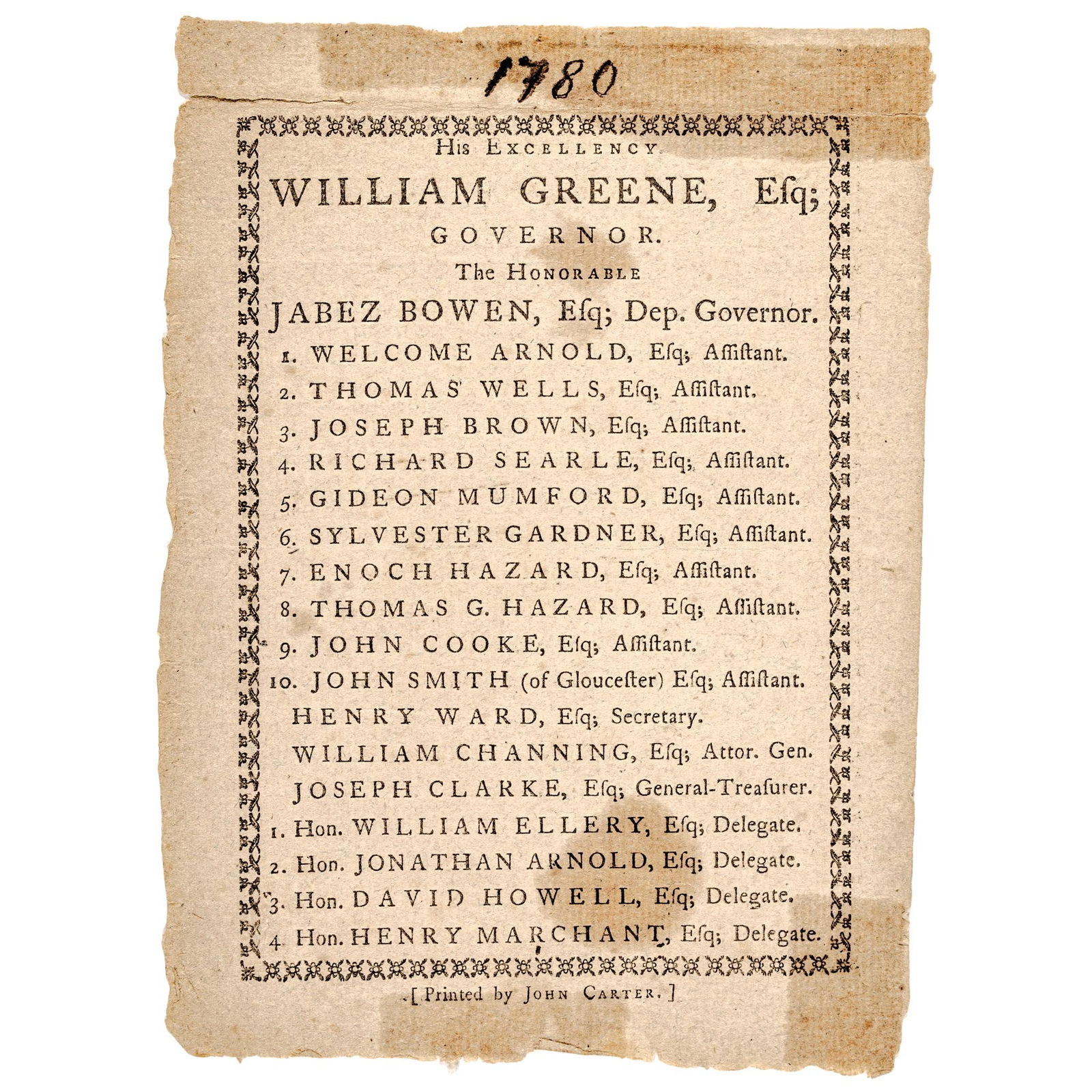 1780+1789 Rhode Island Candidate Election Tickets: Political c. 1780 & 1789 Dated Two Rhode Island Political Candidate Tickets for Governor, Deputy Governor, Assistants, and Congressional Delegates: William Greene & John Collins c. 1780 and 1789 Dated