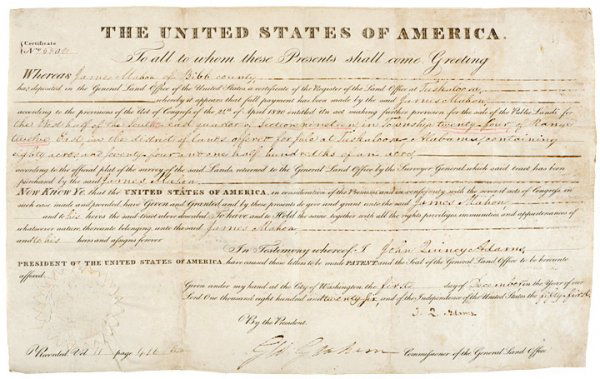 JOHN QUINCY ADAMS Presidential Land Grant 1826: AutographsPleasing 1826 John Quincy Adams Presidential Land Grant JOHN QUINCY ADAMS. Sixth President of the United States 1825-9; James Monroe's Secretary of State, largely devising the Monroe Doctrin