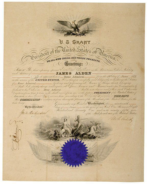ULYSSES S. GRANT + REAR ADMIRAL JAMES ALDEN.CDVs: AutographsPresident "U. S. Grant" Signed Commission For Commodore "James Alden" Plus His Signed Carte de Visite and His President Andrew Johnson Stamped Commission ULYSSES S. GRANT & R