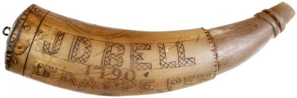 Fancy 1790 Dated Engraved Original Powderhorn: Post-Revolutionary War to Civil WarFancy "1790" Dated Engraved Original Powderhorn 1790-Dated, Colonial Era, Ornately Engraved Pennsylvania Powderhorn, 8.75" Long, Very Fine. This authenti