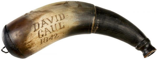1842-Dated Folk Art Scrimshaw Decorated Powderhorn: Powder Horns1842-Dated "Folk Art" Scrimshaw Decorated Powderhorn 1842-Dated, "DAVID GAUL - 1842" Engraved, Hand-Carved, "Folk Art" Style, Scrimshaw Decorated Primer Powderhorn,